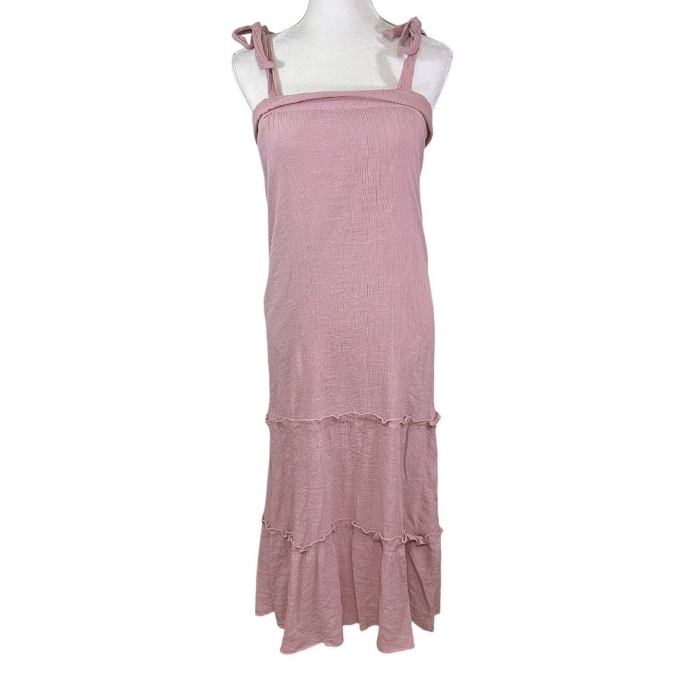🌸Flower & Feather Pink Boho Long Dress w/ Tie Tank Sleeves- Size S